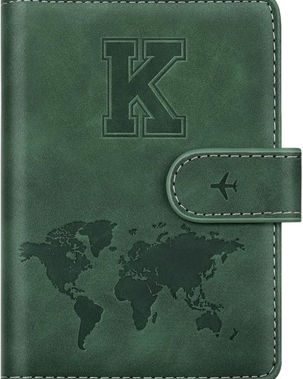 Personalized K Passport Holder Cover Initial Letter Travel Wallet RFID Blocking Passport Cover Credit Card Holder Case Passport Book Holders for Women and Men, Pine Green-K