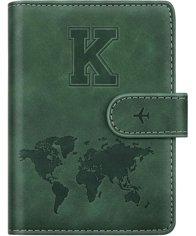 Personalized K Passport Holder Cover Initial Letter Travel Wallet RFID Blocking Passport Cover Credit Card Holder Case Passport Book Holders for Women and Men, Pine Green-K