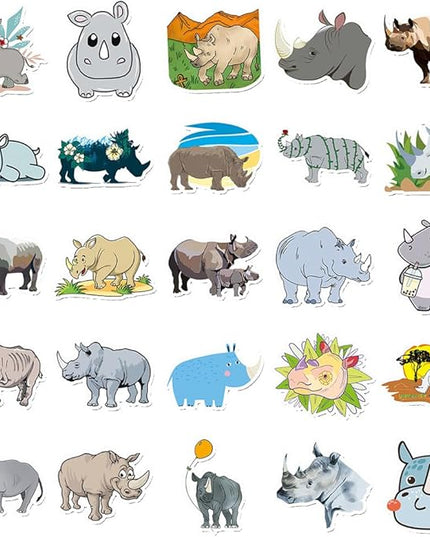 Cartoon Rhinoceros Stickers for Kids Girls Boys Teens|50 Pcs| Vinyl Waterproof Stickers for Laptop Cup Water Bottle Phone Tablet Luggage Flasks Helmet, Lovely Animals Decals Pack(Rhino -50Pcs)