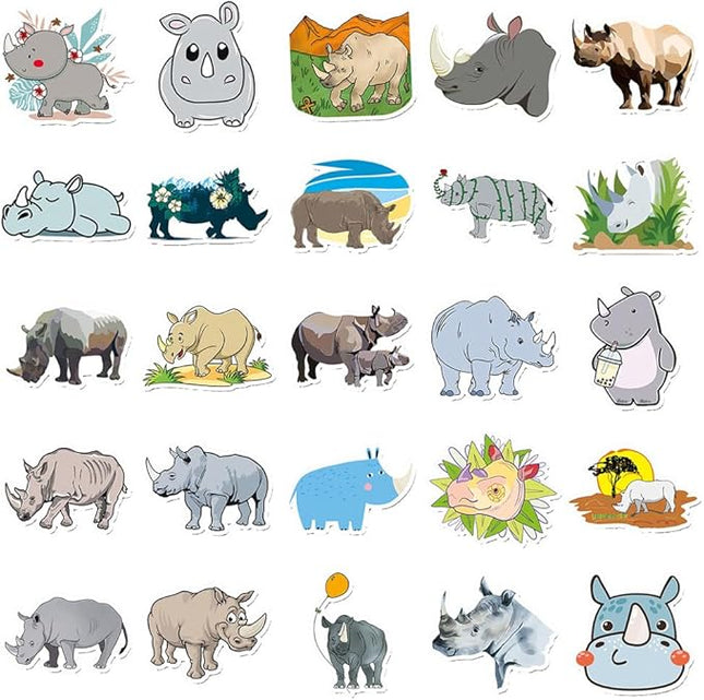 Cartoon Rhinoceros Stickers for Kids Girls Boys Teens|50 Pcs| Vinyl Waterproof Stickers for Laptop Cup Water Bottle Phone Tablet Luggage Flasks Helmet, Lovely Animals Decals Pack(Rhino -50Pcs)