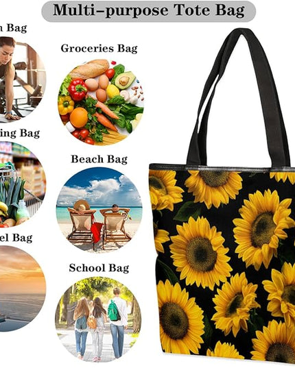 Pardick Canvas Tote Bags, Sunflower Floral Tote Bag Eco Friendly Reusable Grocery Shopping Bagsfor Beach, Books, Women with Zipper Inner Pocket