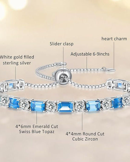 Birthstone Tennis Bracelets for Women White Gold Sterling Silver Gemstone Bracelets Adjustable Chain 6-9 Inchs Jewelry Anniversary Birthday Gifts for Women Mom Wife Her