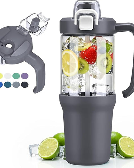 32oz Glass Water Bottle, 2-in-1 Straw and Sip Spout Lid, Leakproof Wide Mouth Tumbler with Handle, BPA-Free Reusable Bottle for Sports, Office, Outdoor, Grey