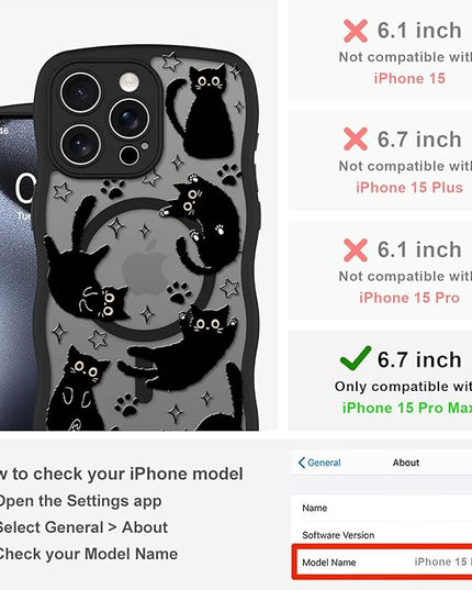Cute Case for iPhone 15 Pro Max Case [Compatible with MagSafe] with Kawaii Black Cats Cat Print Pattern Design for Women Girls, Soft Wavy Edge Anti-Slip Animal Magnetic Protective Phone Cover