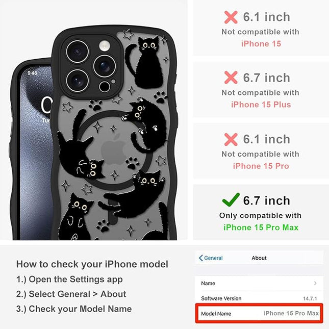 Cute Case for iPhone 15 Pro Max Case [Compatible with MagSafe] with Kawaii Black Cats Cat Print Pattern Design for Women Girls, Soft Wavy Edge Anti-Slip Animal Magnetic Protective Phone Cover