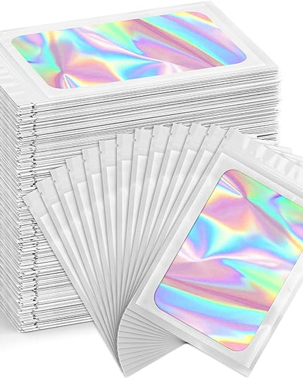 Funfery 300 Pack Smell Proof Resealable Bags for Food Storage,Holographic Bags 4x6 White Mylar Clear Packaging Bag- Scent Proof for Cookies, Zip Foil Pouch for Small Business