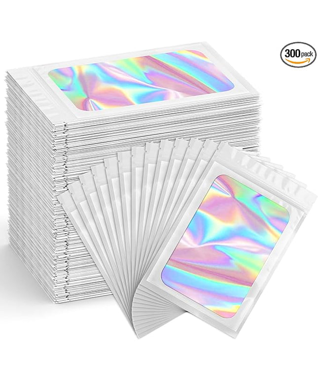 Funfery 300 Pack Smell Proof Resealable Bags for Food Storage,Holographic Bags 4x6 White Mylar Clear Packaging Bag- Scent Proof for Cookies, Zip Foil Pouch for Small Business