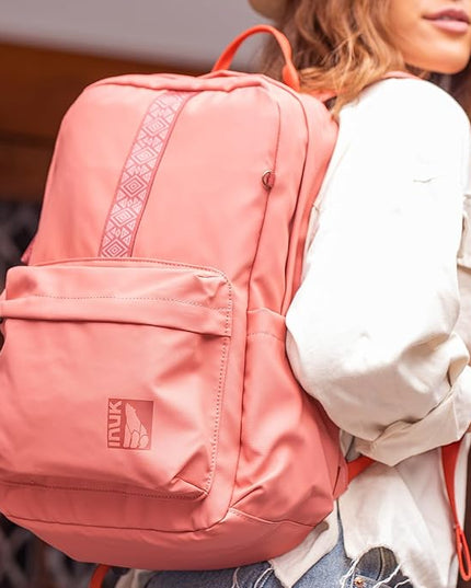 INUK Geometric Stripe Laptop Backpack, 13 Inch Water Resistant Backpack for College & Work, Recycled Travel Daypack Made from 24 Plastic Bottles, with Hidden Pocket & Luggage Strap, Deep Magenta