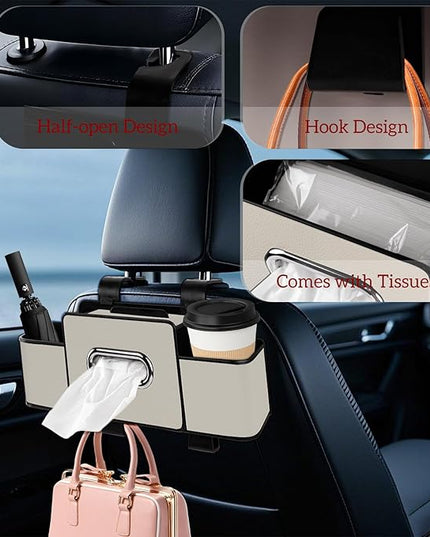 Car Back Seat Organizer with Tissue, Car Seat Back Tissue Box and Storage Hook, Multifunctional Car Organizer for Hold Phone,Drinks,Handbag,Compatible with Most Vehicles (Beige)