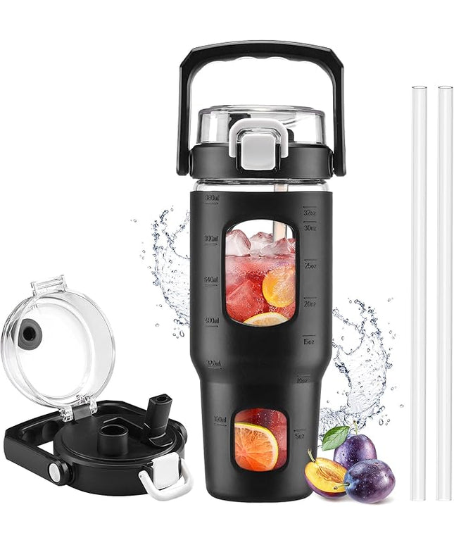 BLUEGO 32oz Glass Tumbler with Lid and Handle, Iced Coffee Cup with Straws, Glass Water Bottle with Silicone Sleeve and Volume, Marker Glass Cup with Time Marking, BPA Free, Black