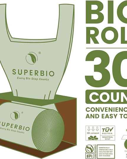 SUPERBIO 13 Gallon Compostable Kitchen Waste Bags with Handles, Food Scrap Bags Certified by BPI, OK compost INDUSTRIAL, 30 Count, 49.2L