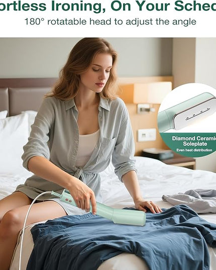 Newbealer 3in1 Clamp Travel Steam Iron with Global Voltage, 100-240V Clothes Steamer, Dry Ironing & 2 Steam Levels, Non-Stick Ceramic Soleplate, Auto-off, Self Cleaning, w/Detachable Clamp (Green)