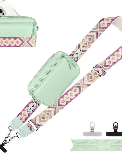 Clip and Go Strap for Phone with Wallet Crossbody, Adjustable Phone Lanyard with Detachable RFID Wristlet Wallet, Pattern Strap - Green (L)