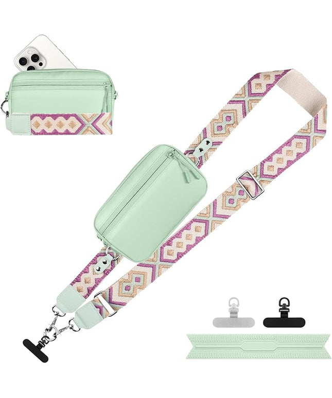 Clip and Go Strap for Phone with Wallet Crossbody, Adjustable Phone Lanyard with Detachable RFID Wristlet Wallet, Pattern Strap - Green (L)