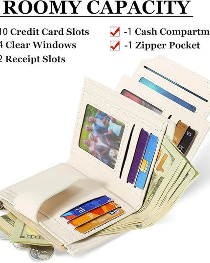 Airkit Small Wallet Women RFID Blocking Soft Leather Bifold Compact Card Holder Wallet for Women with Zipper Coin Pocket 4 ID Window