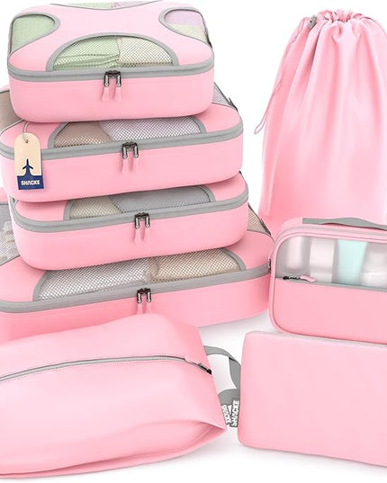 Shacke Premium 8 Packing Cubes Set - Lightweight Mesh Travel Luggage Organizers with Laundry Bag, 8-Piece Suitcase Storage System (Summer Pink)
