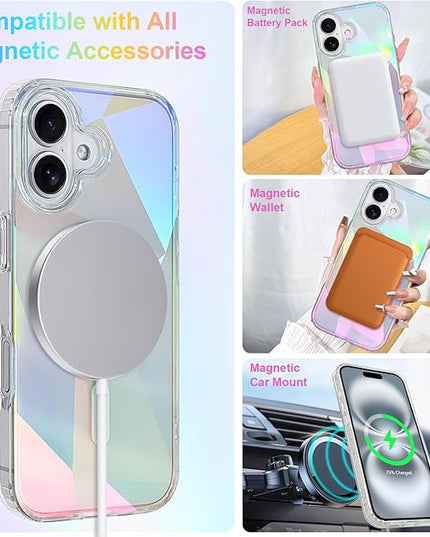 Cute Case for iPhone 16 Plus Case for Women Girls [ Compatible with Magsafe ] Clear Glitter Girly Aesthetic Rainbow Sparkly Bling Magnetic Phone Cover, Iridescent Geometry