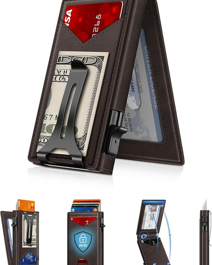 GHUKY Wallet for Men RFID Wallet with Money Clip, Slim Pop Up Card Holder for 10-12 Cards, Minimalist Smart Credit Card Case with ID Window, Bifold Metal Wallet for Front Pocket, Gifts for Men