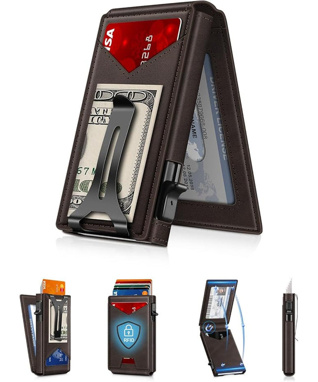GHUKY Wallet for Men RFID Wallet with Money Clip, Slim Pop Up Card Holder for 10-12 Cards, Minimalist Smart Credit Card Case with ID Window, Bifold Metal Wallet for Front Pocket, Gifts for Men