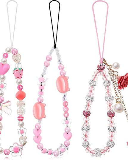 Ecally 3 Pcs Phone Charms Strap Camera Charm Strap Pearl Beaded Butterfly Bow Flower Cute Phone Wrist Lanyard Bracelet for Camera Keychain Wallet Decor Christmas New Year Gifts