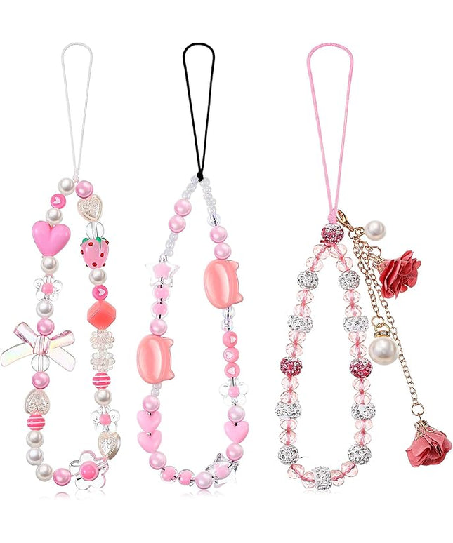 Ecally 3 Pcs Phone Charms Strap Camera Charm Strap Pearl Beaded Butterfly Bow Flower Cute Phone Wrist Lanyard Bracelet for Camera Keychain Wallet Decor Christmas New Year Gifts