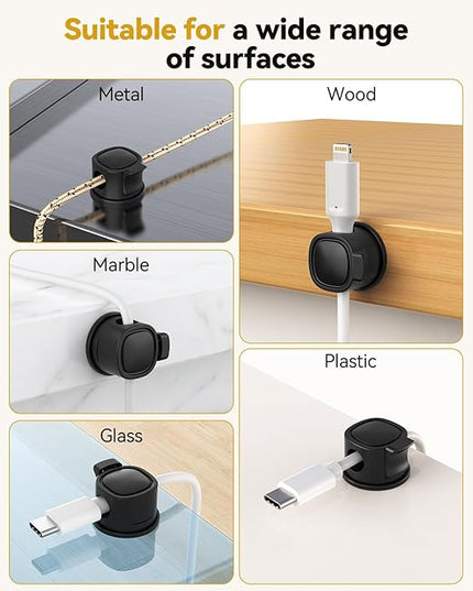 Rotatable Cord Organizer 6Pack, Spring Cable Clips With Clasp Lock, No-Residue Adhesive Cable Organizer, Cord Holder for Nightstand Car Home Office (Black)
