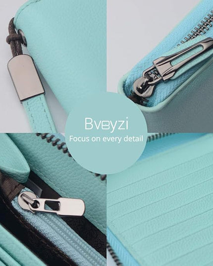 Bveyzi Women RFID Blocking Wallet Leather Zip Around Phone Clutch Large Capacity Ladies Travel Purse Wristlet | RFID Blocking, Zip Around, Large Capacity