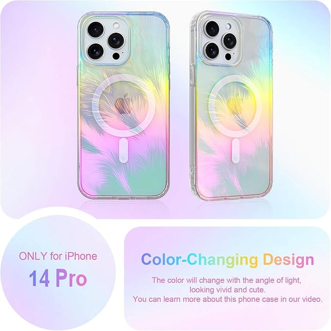 Glitter Case for iPhone 14 Pro Case for Women Girls [ Compatible with Magsafe ] Clear Cute Aesthetic Girly Iridescent Feather Sparkly Bling Magnetic Phone Cover, Gradient Blue & Pink
