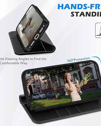 SHIELDON Case for iPhone 17 Pro 6.3-inch 2025 | Genuine Leather | Wallet Design | Flip Magnetic | Kickstand | RFID Blocking Card Holder | Shock Absorption Phone Cover for Women Men | Retro Black