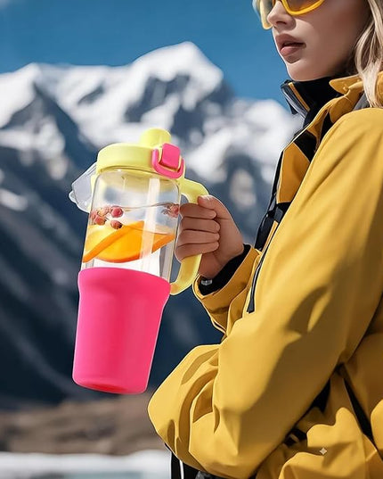 32oz Glass Water Bottle, 2-in-1 Straw and Sip Spout Lid, Leakproof Wide Mouth Tumbler with Handle, BPA-Free Reusable Bottle for Sports, Office, Outdoor, Bright Pink