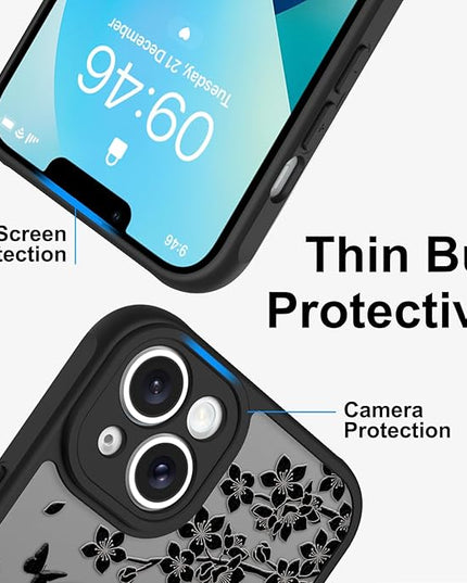 Cute Case for iPhone 13 Case with Stand [ Compatible with MagSafe ] Kawaii Black Cat & Floral & Butterflies Pattern Design 360 Magnetic Ring Kickstand Phone Cover for Women Girls Boys