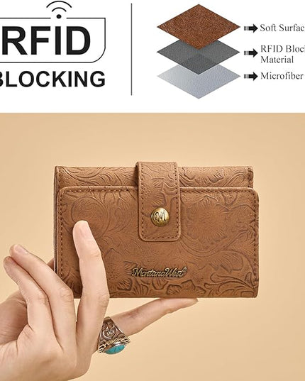 Montana West Brown Wallets for Women Embossed Floral Wallet Womens Trifold Small Wallets Woman Card Cash Wallet Ladies Female RFID Wallets with ID Window