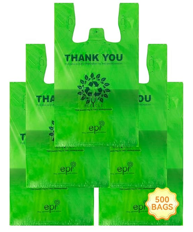 [500 per box] | Recyclable Compostable Reusable Biodegradable Plastic T-Shirt Bags | Grocery Shopping Bags | Green Eco Plastic Bags (500 per box) | T-Shirt Carryout Bags 500 count Restaurant Quality, Durable, Reusable and Econ Friendly | Measures 11. 5...