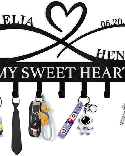 Dyoart Personalized Key Holder Wall Mount, Custom Couple's Name Key Holder for Wall, Love Shape Wedding Couple Gifts, Metal Key Rack Coat Rack, Key Rack Organizer for Bedroom Hallway Decor