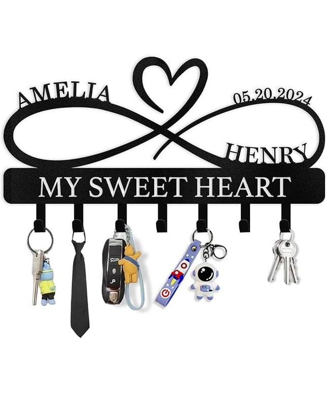 Dyoart Personalized Key Holder Wall Mount, Custom Couple's Name Key Holder for Wall, Love Shape Wedding Couple Gifts, Metal Key Rack Coat Rack, Key Rack Organizer for Bedroom Hallway Decor