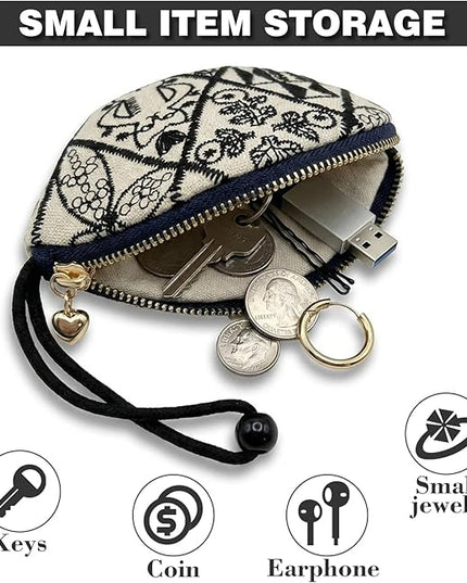 Embroidered Small Coin Purse for Women Girl,Vintage Cute Wallet Zipper Pouch,Handmade Aesthetic Oval Change Purse for Coins,Air-Tag,Small Jewelry Key with Pull-Out Key Ring