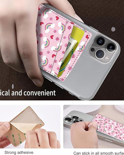 Phone Card Holder, Dual Pocket Leather Wallet Adhesive Stick On, Cute Credit Card Holder for Smartphones Case Compatible with Most Phone（rainbow）