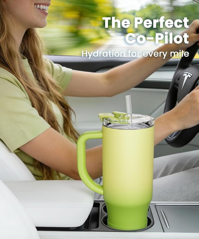 Renoj Tumbler with Handle 100% Leak Proof Insulated Water Bottle for Iced Coffee & Hot Drinks - Fits Car Cup Holder, Ideal Gift, 2 Straws & Silicone Boot BPA-Free - SnapShift Green Gradient 32 oz