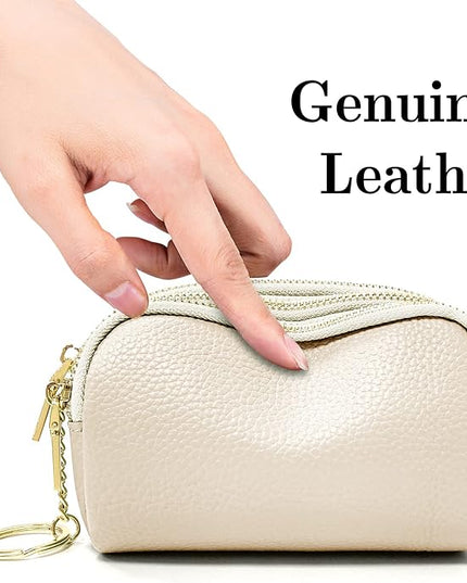 LINNO 3 Zippered Genuine Leather Coin Purse Triple Capacity Change Pouch Little Travel Wallet With Key Ring for Women