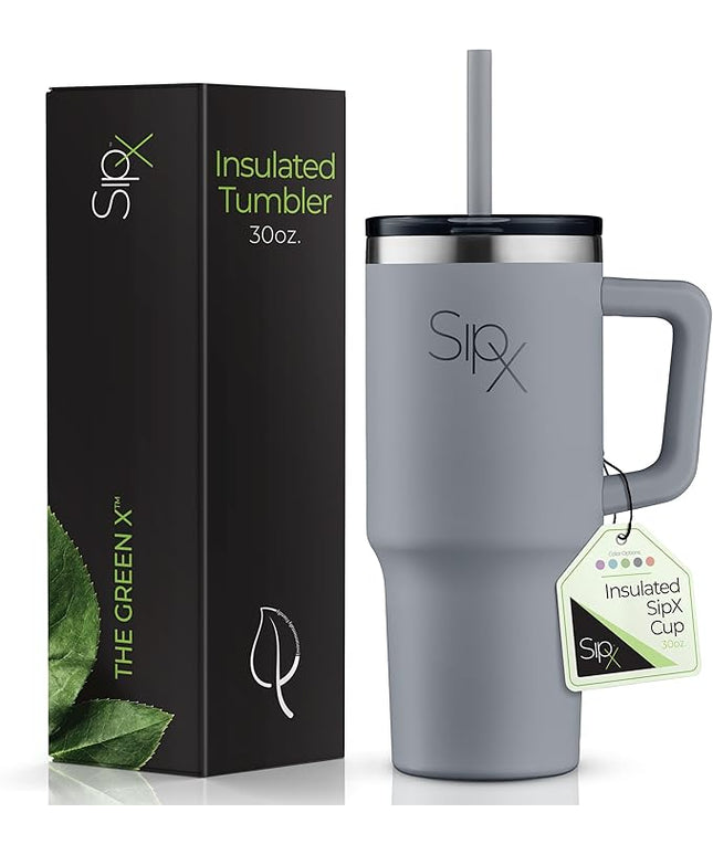 SIPX™ 30 oz Insulated Tumbler with Handle & Straw – Vacuum Insulated Stainless Steel, Leakproof, Cupholder Friendly – Perfect for Iced Coffee, Water & Travel – Grey