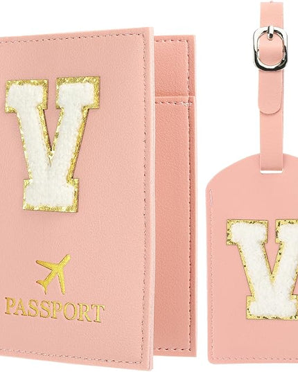 PATIKIL Passport Holder for Travel, Initial Passport Cover and Luggage Tag Set with Alphabet Chenille Letter Patch Travel Wallet Bag Suitcase Identifier for Women Family Travel Pink V