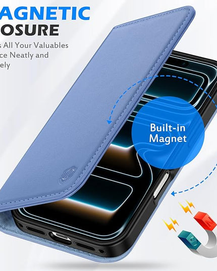 SHIELDON Case Wallet for iPhone 17 Pro 6.3" 2025 | Genuine Leather | Flip Magnetic Closure | RFID Blocking Credit Card Holder | Kickstand | Full Protection Cover | Wisteria Purple