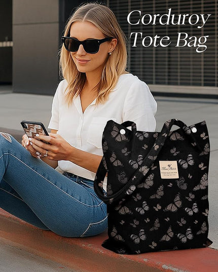 Corduroy Tote Bag for Women - Reusable Totes with Pocket & Buckle Cute Aesthetic Shoulder Bag for Work Travel