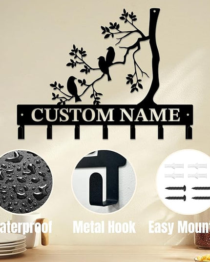 Personalized Custom Name Birds of Trees Wall Key Hooks,Metal Birds of Trees Art Clothes Hooks,Metal Birds of Trees Wall Home Storage Decorative,For Front Door, Hallway, Kitchen, Bedroom(Style G)