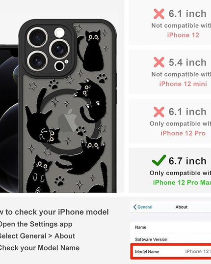 Cute Magnetic Case for iPhone 12 Pro Max Case [ Compatible with MagSafe ] with Black Cat Cats Pattern Design for Women Girls Boys, Soft Bumper Hard Back Kawaii Animal Protective Phone Cover