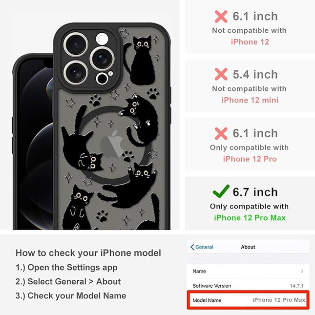 Cute Magnetic Case for iPhone 12 Pro Max Case [ Compatible with MagSafe ] with Black Cat Cats Pattern Design for Women Girls Boys, Soft Bumper Hard Back Kawaii Animal Protective Phone Cover