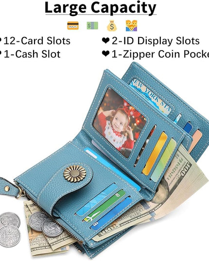 SENDEFN Small Womens Wallet Leather Bifold Card Holder RFID Blocking with Zipper Coin Pocket