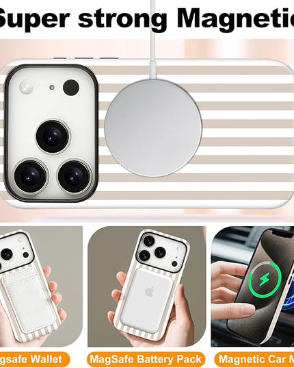 Magnetic for iPhone 17 Pro Max Case Cute Stripes Phone Case, Shockproof Slim TPU and Hard PC Protective Phone Cover Compatible with MagSafe Designed for Women Girls, Apricot