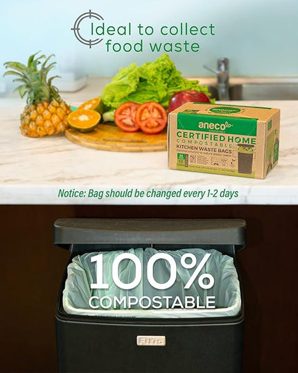 ANECO 100% Compostable Food Waste Bags 13 Gallon, 35 Count, Extra Thick Kitchen Compost Bags, Large Compostable Bags for Tall Kitchen Bin (Pack of 1)