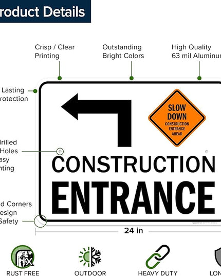 Slow Down Construction Entrance Ahead With Left Arrow Sign, 18x24 Inches, Rust Free .063 Aluminum, Fade Resistant, Made in USA by My Sign Center